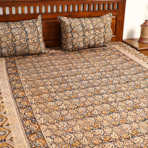 Brown - Kalamkari Block Printed Cotton Double Bed Cover with Pillow Covers (108 x 90 in)