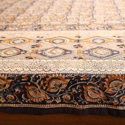 Brown - Kalamkari Block Printed Cotton Double Bed Cover with Pillow Covers (108 x 90 in)