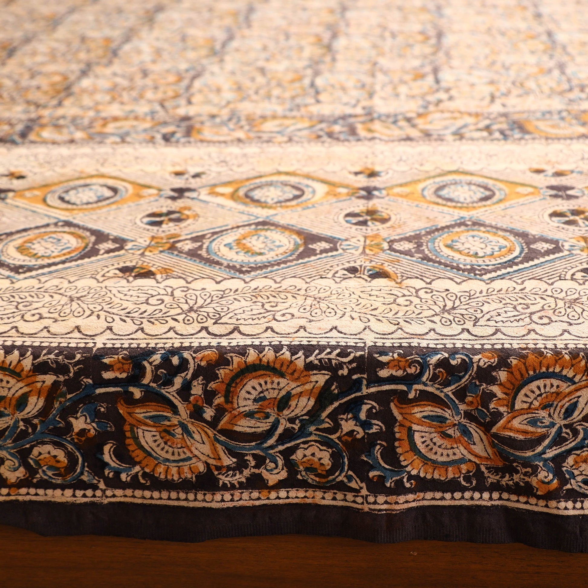 Brown - Kalamkari Block Printed Cotton Double Bed Cover with Pillow Covers (108 x 90 in)