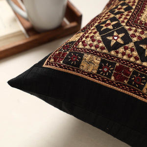 Black - Kutch Neran Hand Embroidery Silk Cushion Cover (16 x 16 in)