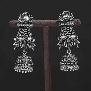 Antique Silver Finish Oxidised Stone Jhumki Earrings 16