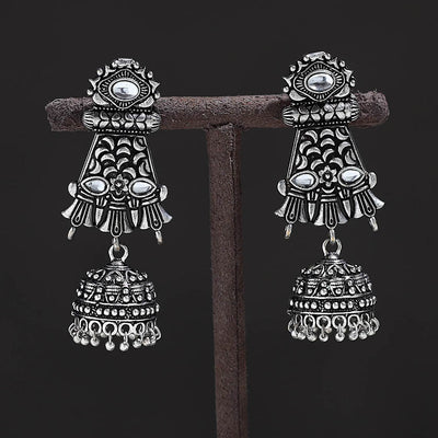 Antique Silver Finish Oxidised Stone Jhumki Earrings 16