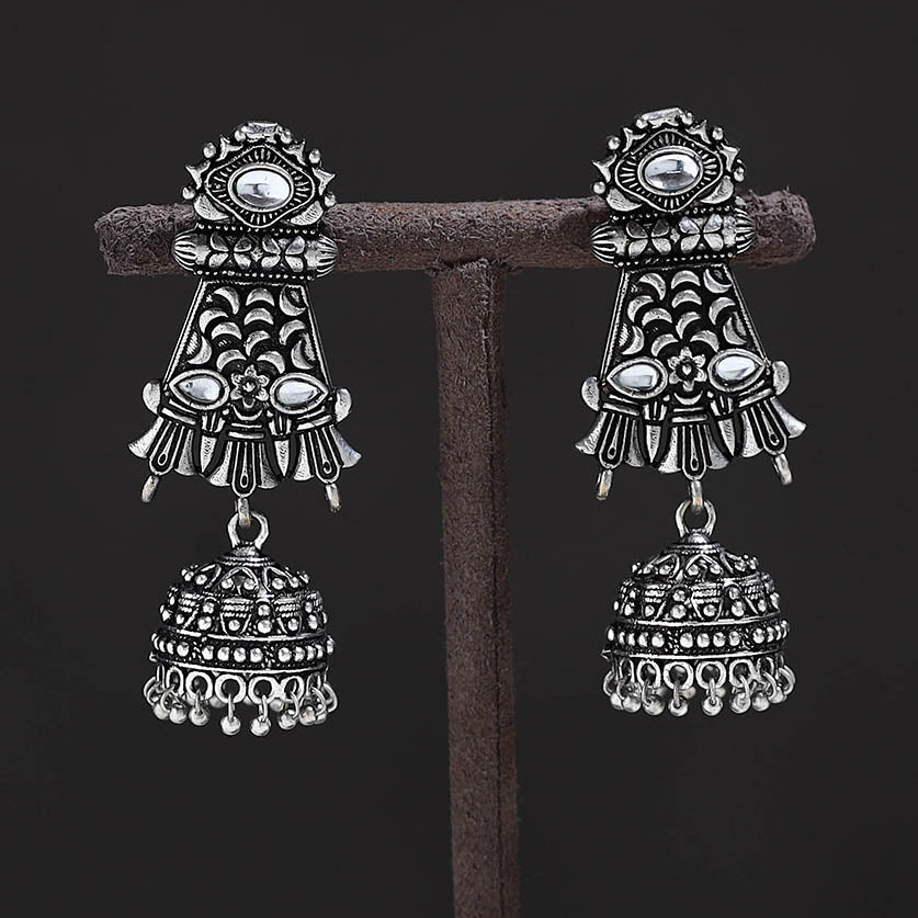Antique Silver Finish Oxidised Stone Jhumki Earrings 16