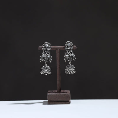 Antique Silver Finish Oxidised Stone Jhumki Earrings 16