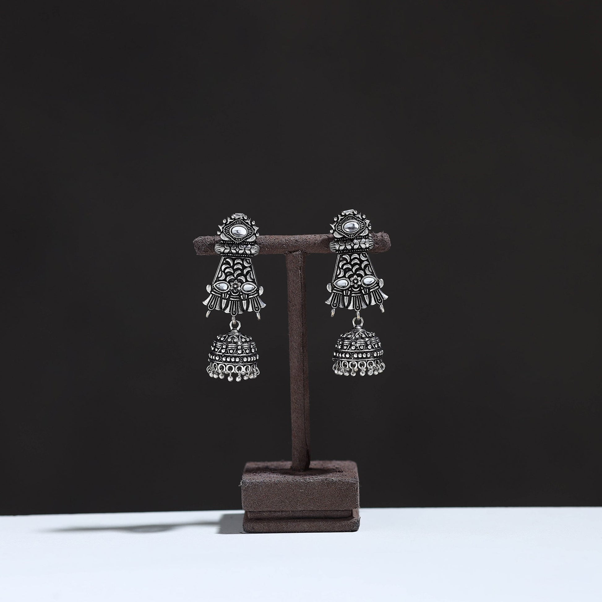 Antique Silver Finish Oxidised Stone Jhumki Earrings 16