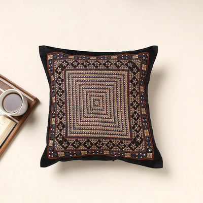 Black - Kutch Neran Hand Embroidery Silk Cushion Cover (16 x 16 in)
