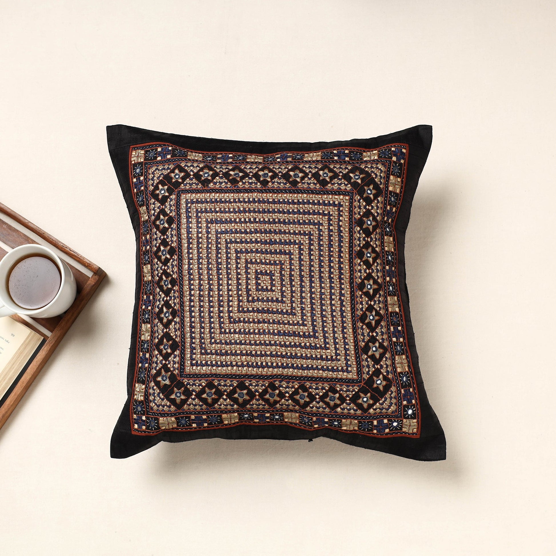 Black - Kutch Neran Hand Embroidery Silk Cushion Cover (16 x 16 in)