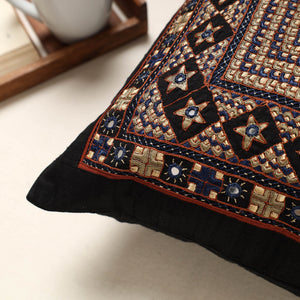 Black - Kutch Neran Hand Embroidery Silk Cushion Cover (16 x 16 in)
