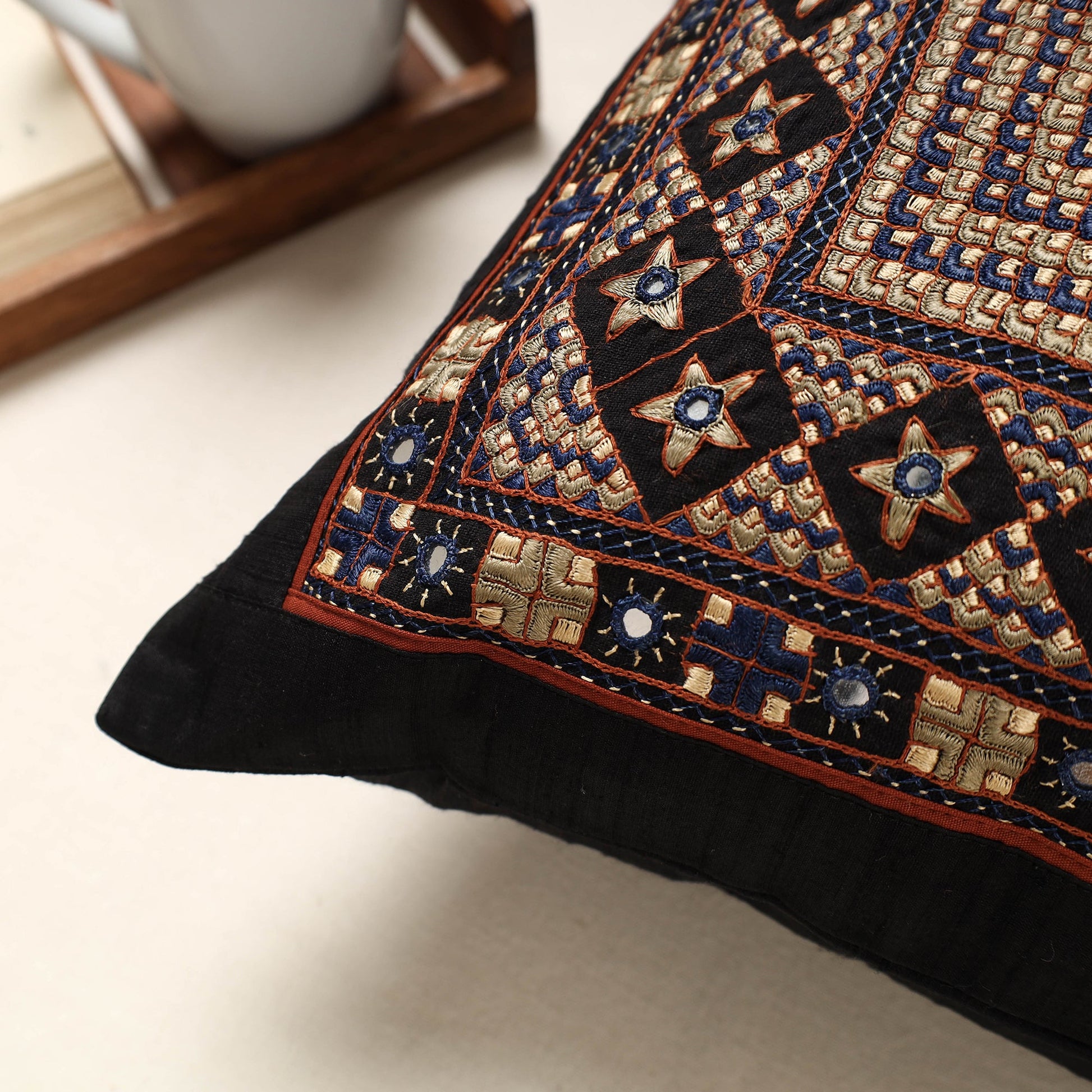 Black - Kutch Neran Hand Embroidery Silk Cushion Cover (16 x 16 in)