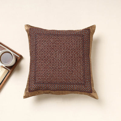 Brown - Kutch Neran Hand Embroidery Silk Cushion Cover (16 x 16 in)