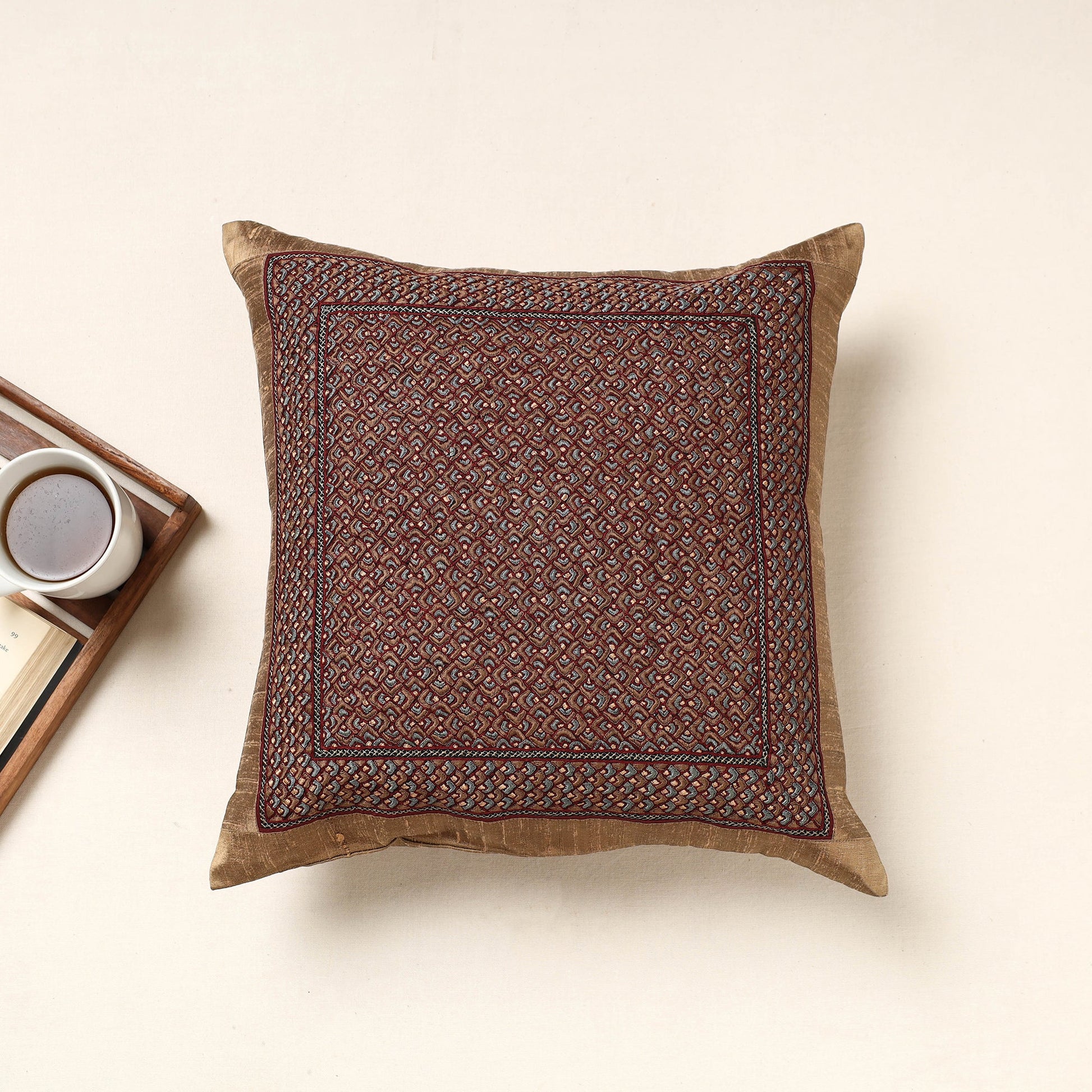 Brown - Kutch Neran Hand Embroidery Silk Cushion Cover (16 x 16 in)