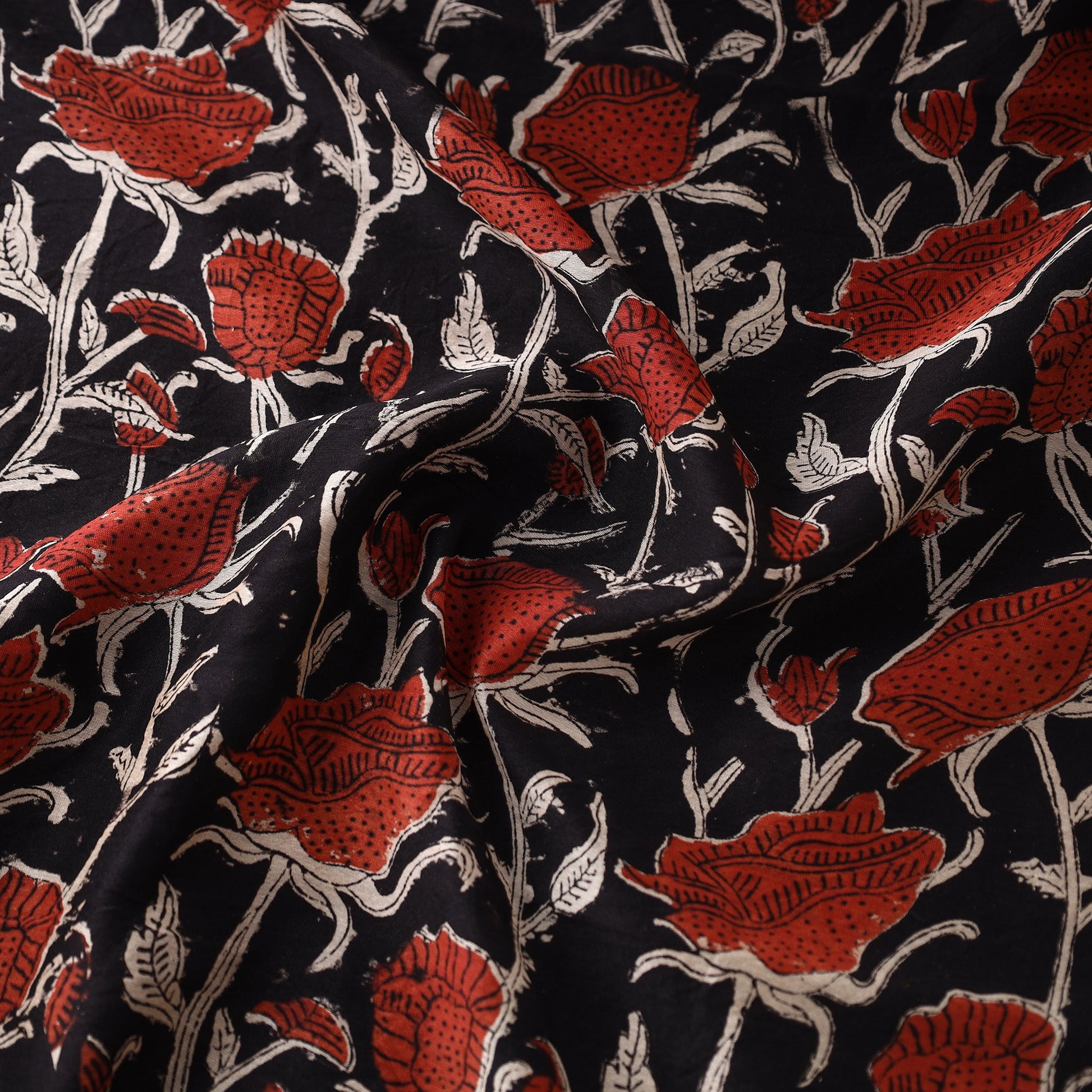 Black - Dabu Bagru Block Print Chanderi Silk Fabric 04