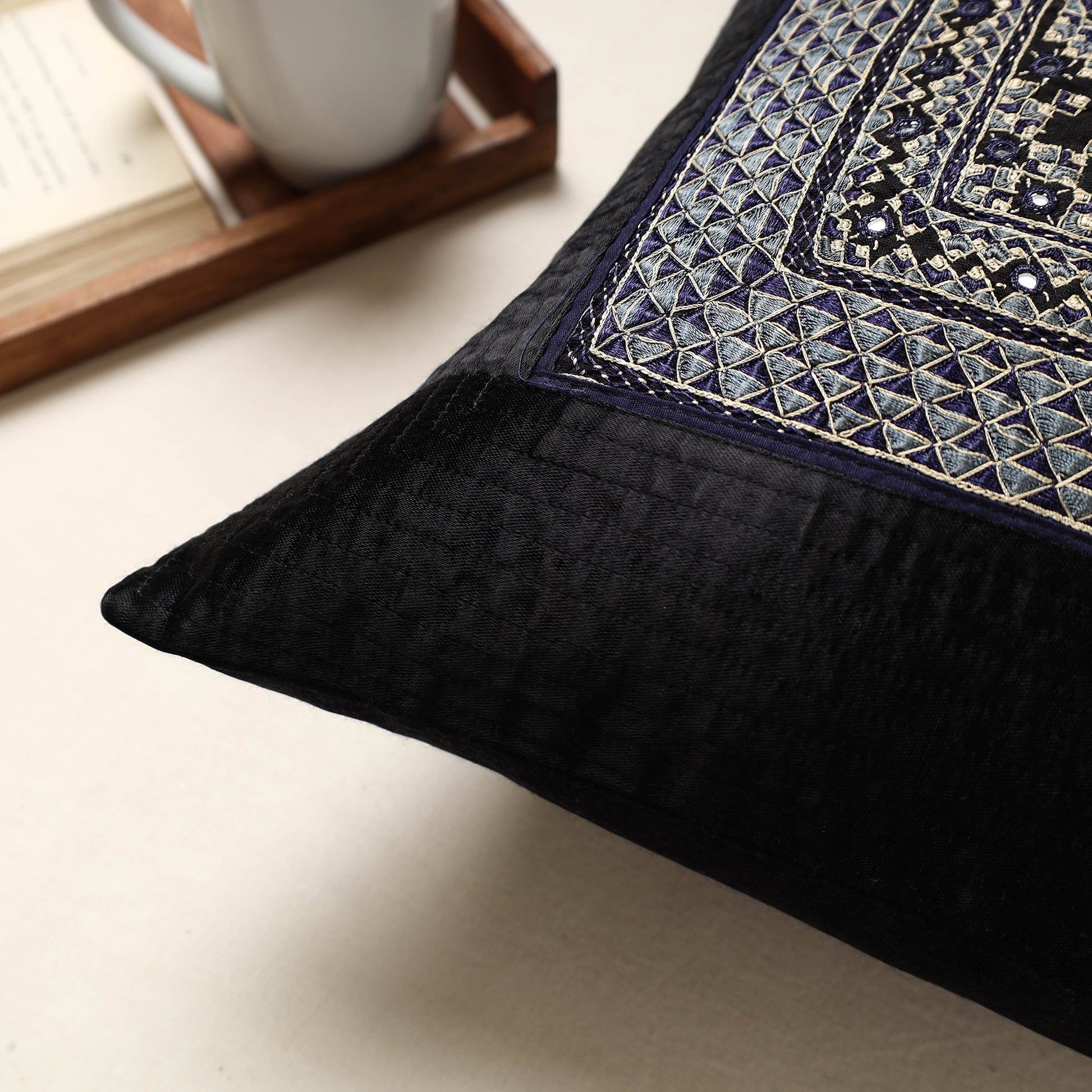 Black - Kutch Neran Hand Embroidery Mashru Silk Cushion Cover (16 x 16 in)