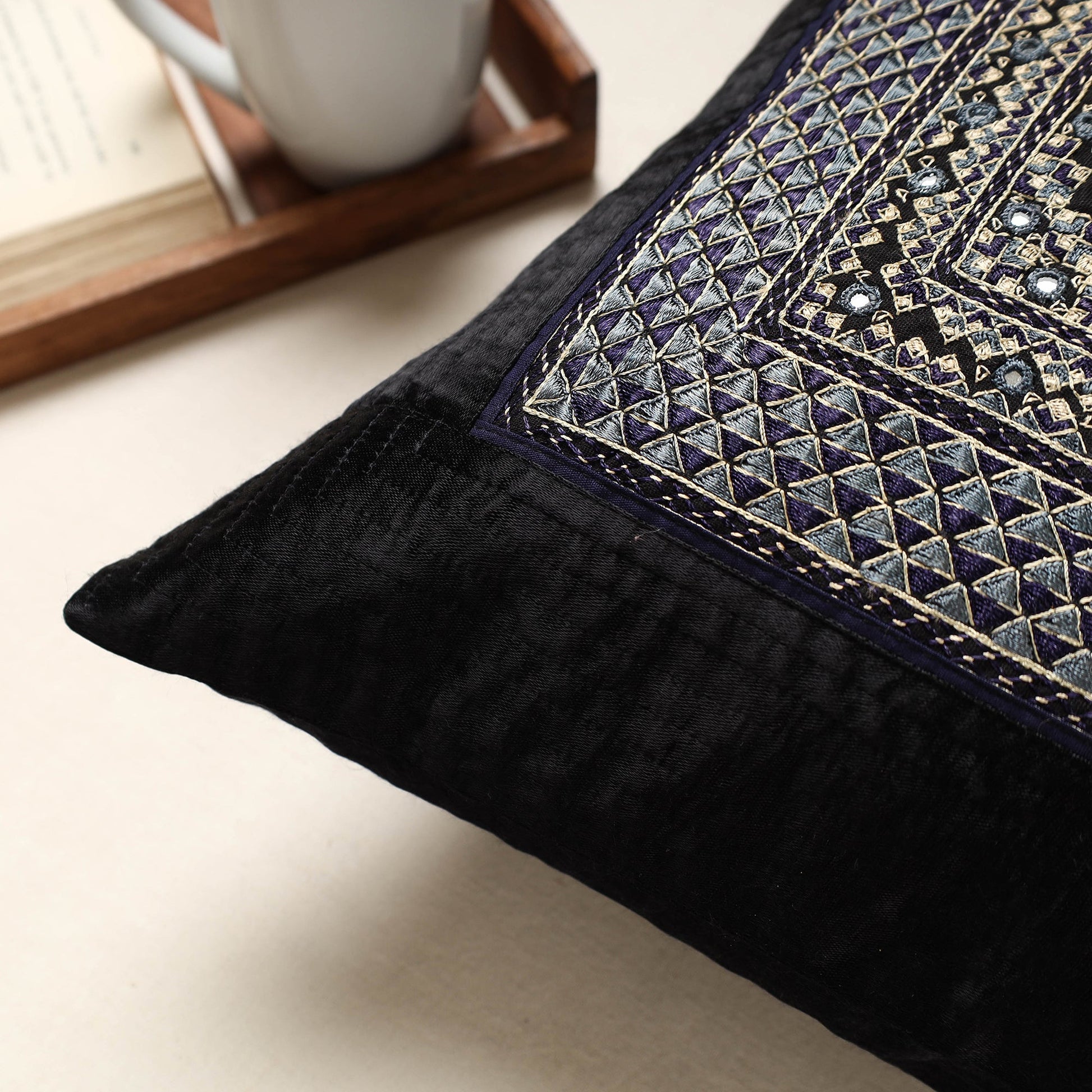 Black - Kutch Neran Hand Embroidery Mashru Silk Cushion Cover (16 x 16 in)