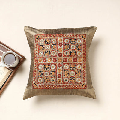 Brown - Kutch Pakko Hand Embroidery Silk Cushion Cover (16 x 16 in)