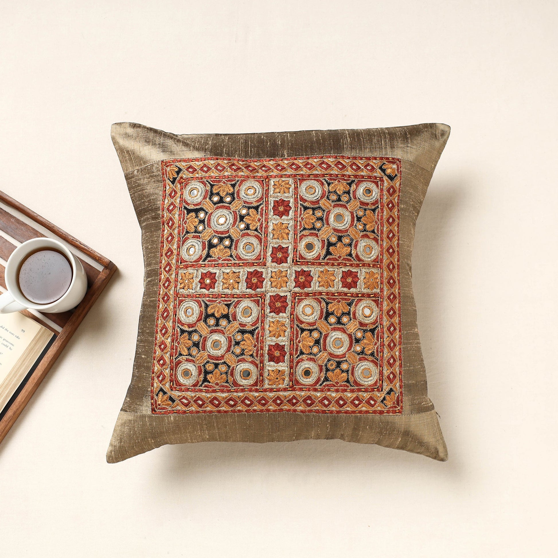 Brown - Kutch Pakko Hand Embroidery Silk Cushion Cover (16 x 16 in)