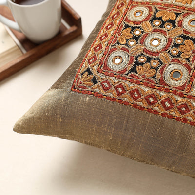 Brown - Kutch Pakko Hand Embroidery Silk Cushion Cover (16 x 16 in)