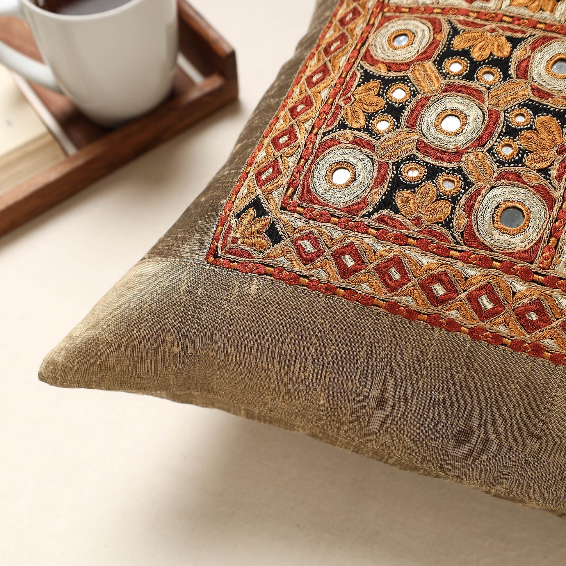 Brown - Kutch Pakko Hand Embroidery Silk Cushion Cover (16 x 16 in)
