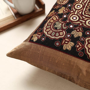 Brown - Kutch Pakko Hand Embroidery Silk Cushion Cover (16 x 16 in)