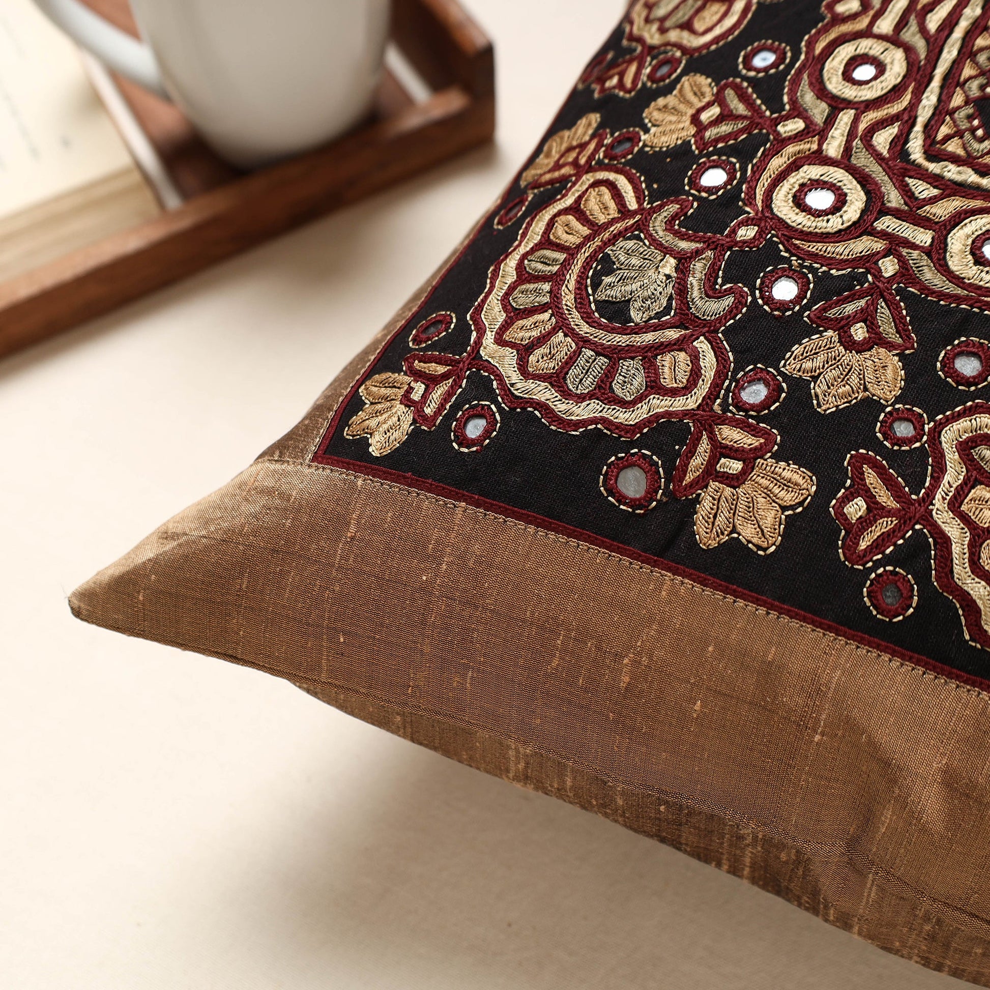 Brown - Kutch Pakko Hand Embroidery Silk Cushion Cover (16 x 16 in)
