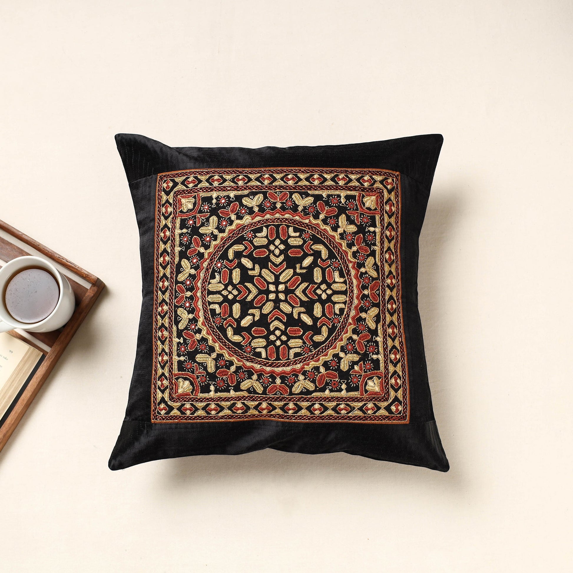 Black - Kutch Pakko Hand Embroidery Mashru Silk Cushion Cover (16 x 16 in)