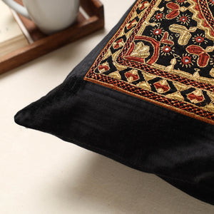Black - Kutch Pakko Hand Embroidery Mashru Silk Cushion Cover (16 x 16 in)