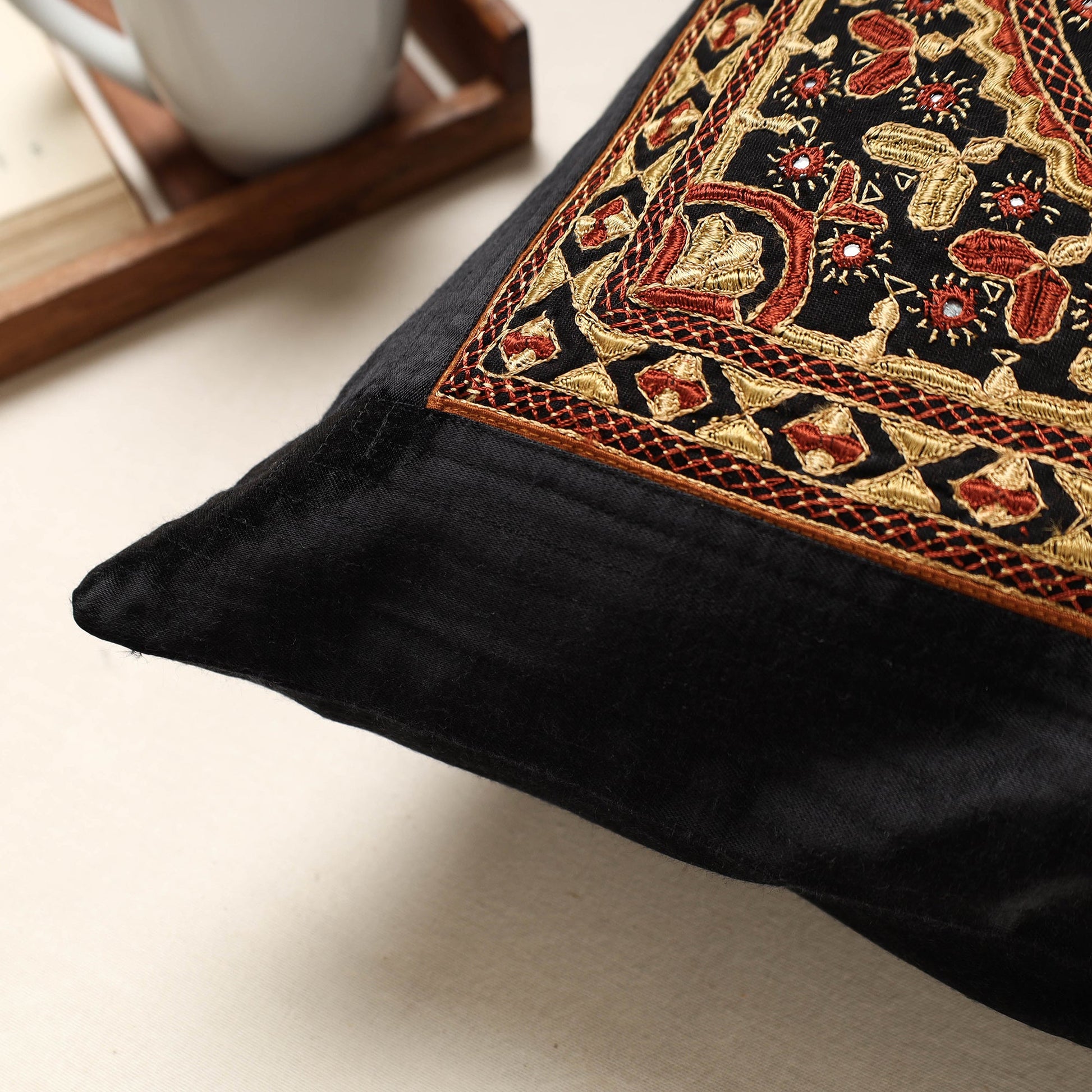 Black - Kutch Pakko Hand Embroidery Mashru Silk Cushion Cover (16 x 16 in)