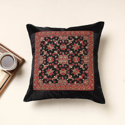 Black - Kutch Pakko Hand Embroidery Mashru Silk Cushion Cover (16 x 16 in)