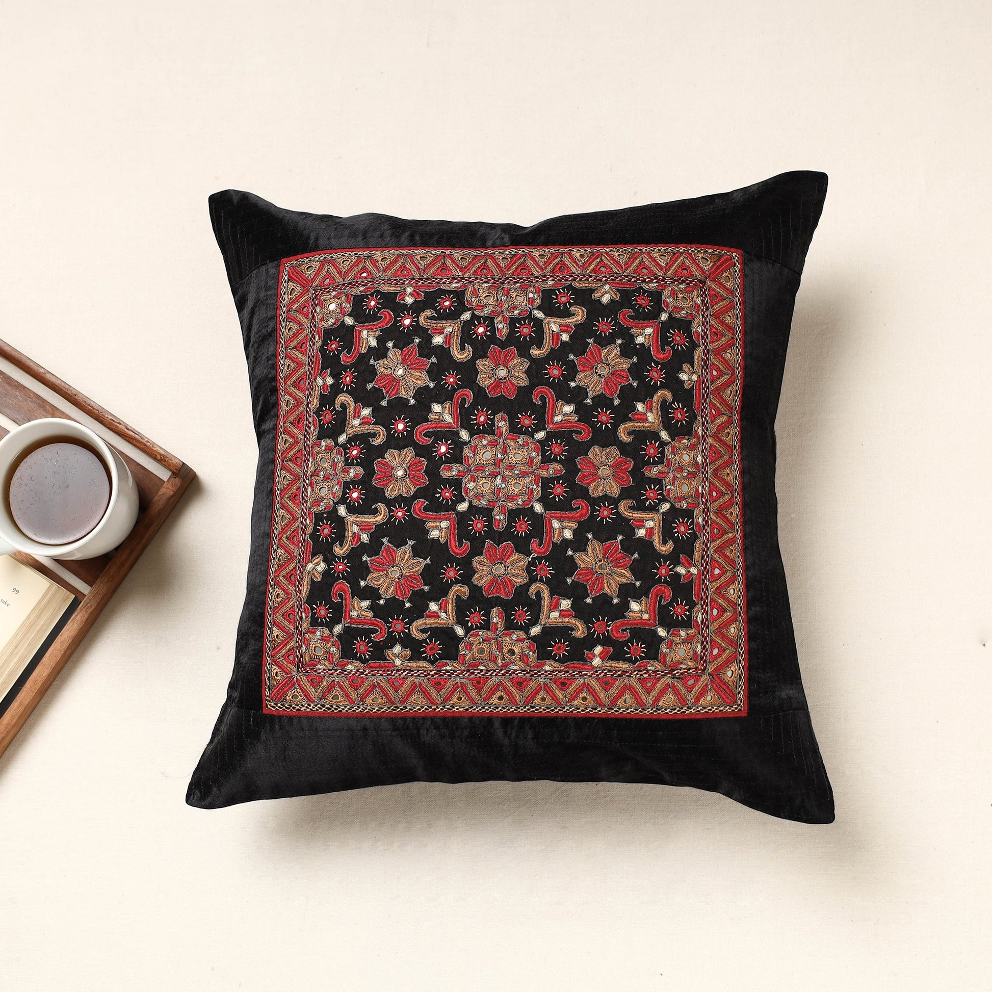 Black - Kutch Pakko Hand Embroidery Mashru Silk Cushion Cover (16 x 16 in)