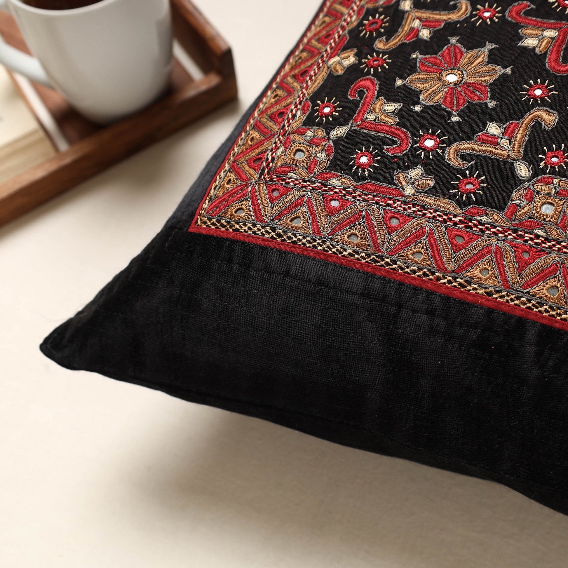 Black - Kutch Pakko Hand Embroidery Mashru Silk Cushion Cover (16 x 16 in)