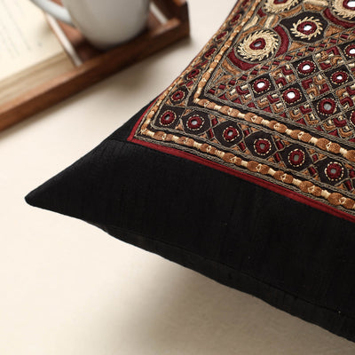 Black - Kutch Pakko Hand Embroidery Silk Cushion Cover (16 x 16 in)