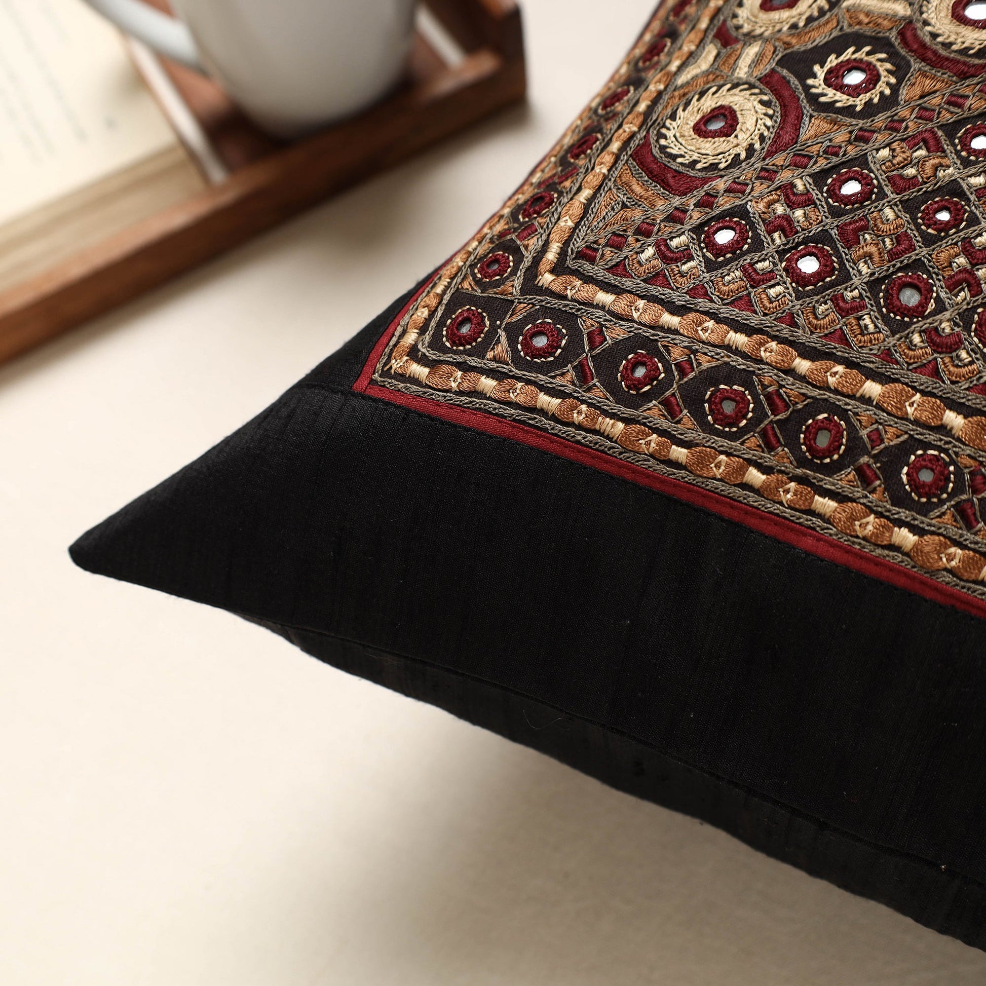 Black - Kutch Pakko Hand Embroidery Silk Cushion Cover (16 x 16 in)