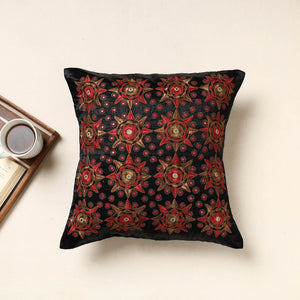 Black - Kutch Pakko Hand Embroidery Mashru Silk Cushion Cover (16 x 16 in)