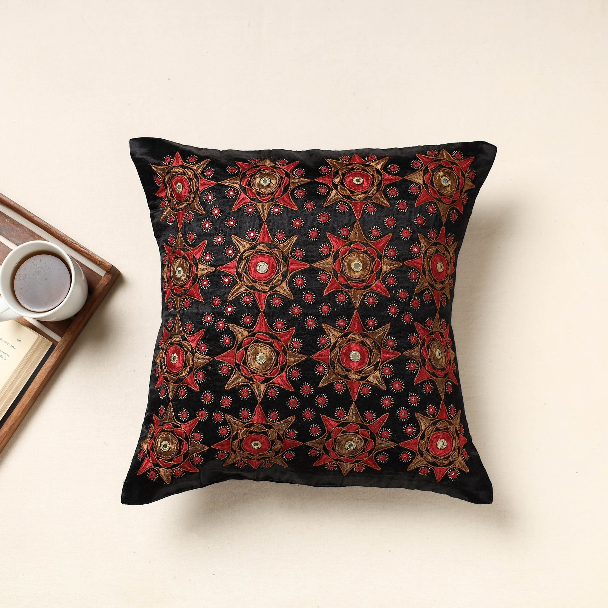 Black - Kutch Pakko Hand Embroidery Mashru Silk Cushion Cover (16 x 16 in)