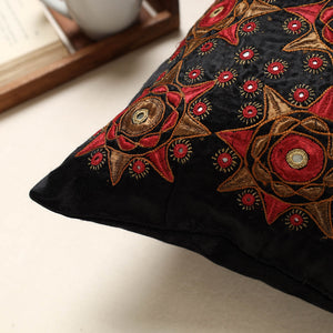 Black - Kutch Pakko Hand Embroidery Mashru Silk Cushion Cover (16 x 16 in)