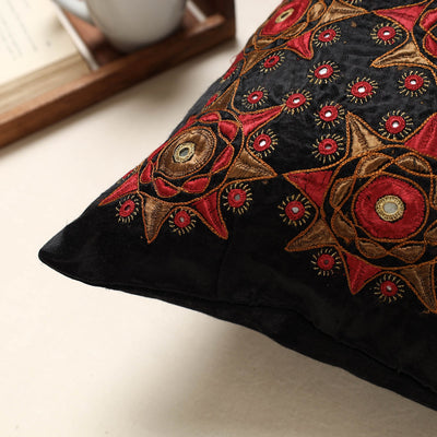 Black - Kutch Pakko Hand Embroidery Mashru Silk Cushion Cover (16 x 16 in)
