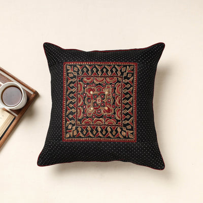 Black - Kutch Pakko Bherni Hand Embroidery Mashru Silk Cushion Cover (16 x 16 in)