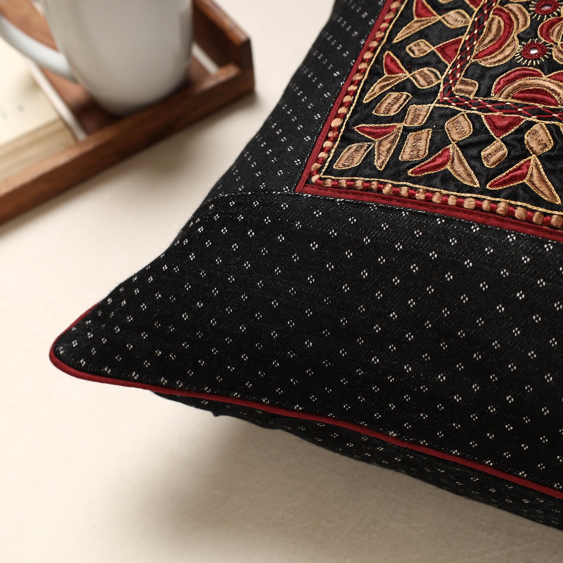 Black - Kutch Pakko Bherni Hand Embroidery Mashru Silk Cushion Cover (16 x 16 in)