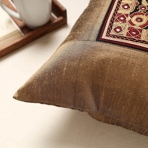 Brown - Kutch Pakko Hand Embroidery Silk Cushion Cover (16 x 16 in)
