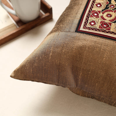 Brown - Kutch Pakko Hand Embroidery Silk Cushion Cover (16 x 16 in)