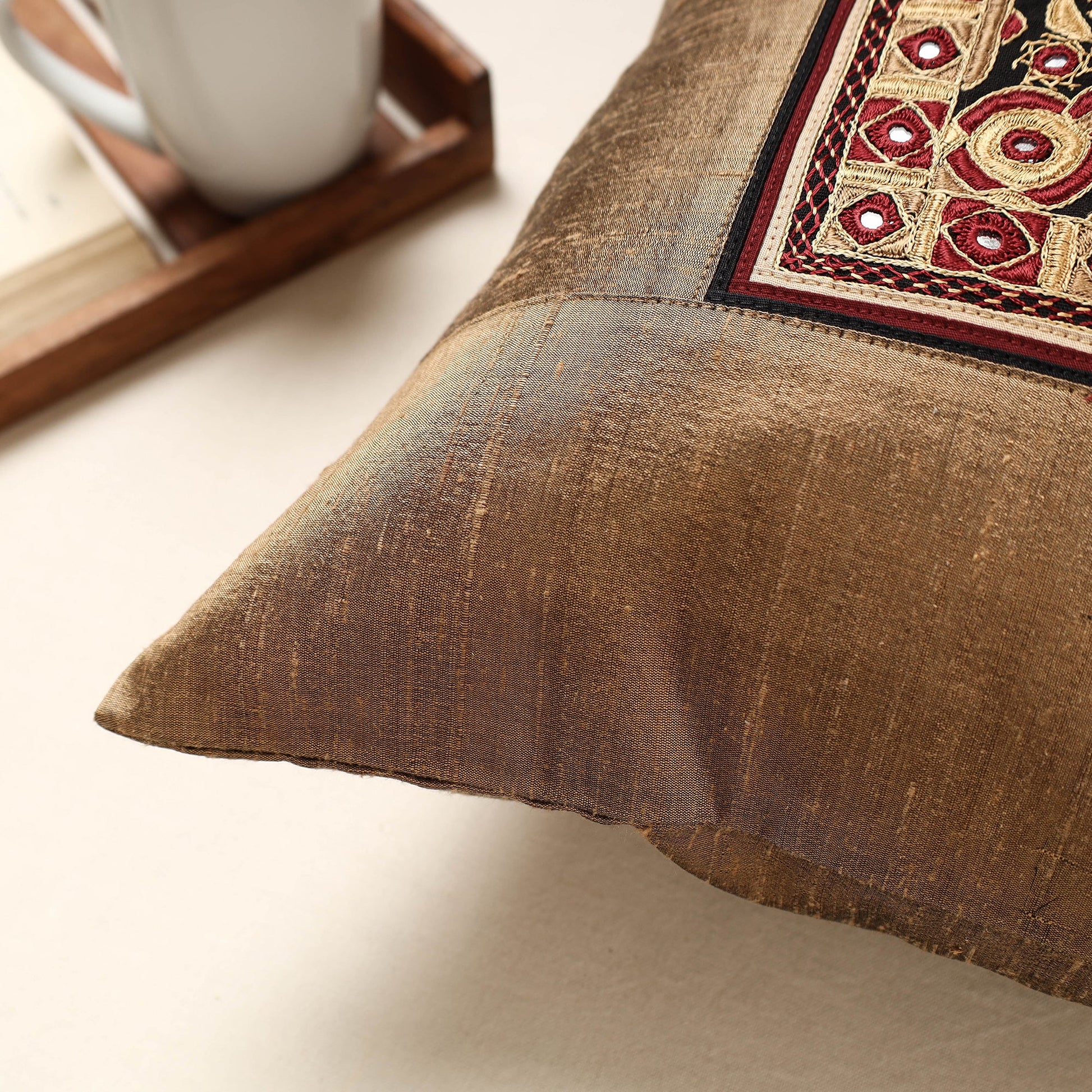 Brown - Kutch Pakko Hand Embroidery Silk Cushion Cover (16 x 16 in)