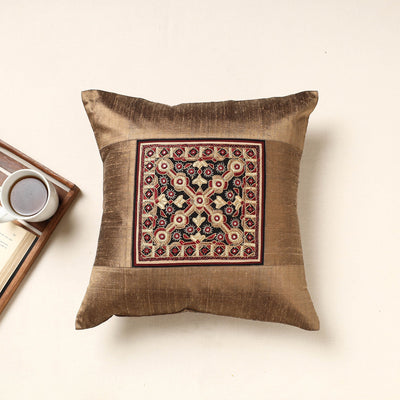 Brown - Kutch Pakko Hand Embroidery Silk Cushion Cover (16 x 16 in)