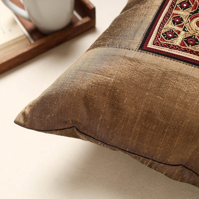 Brown - Kutch Pakko Hand Embroidery Silk Cushion Cover (16 x 16 in)