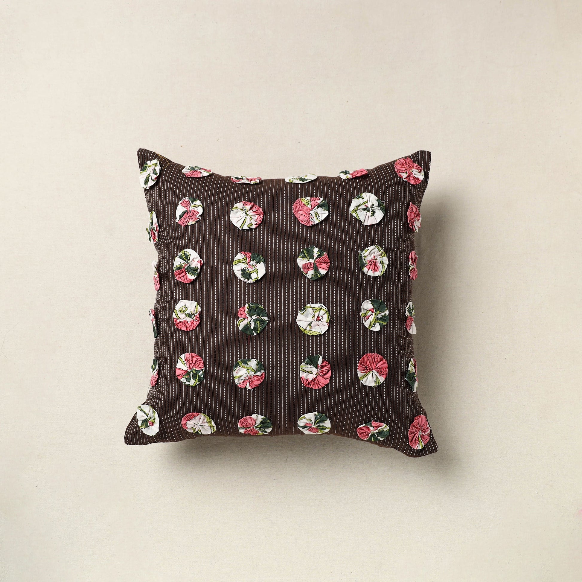 Brown - Hand Embroidered Phool Cushion Cover 10