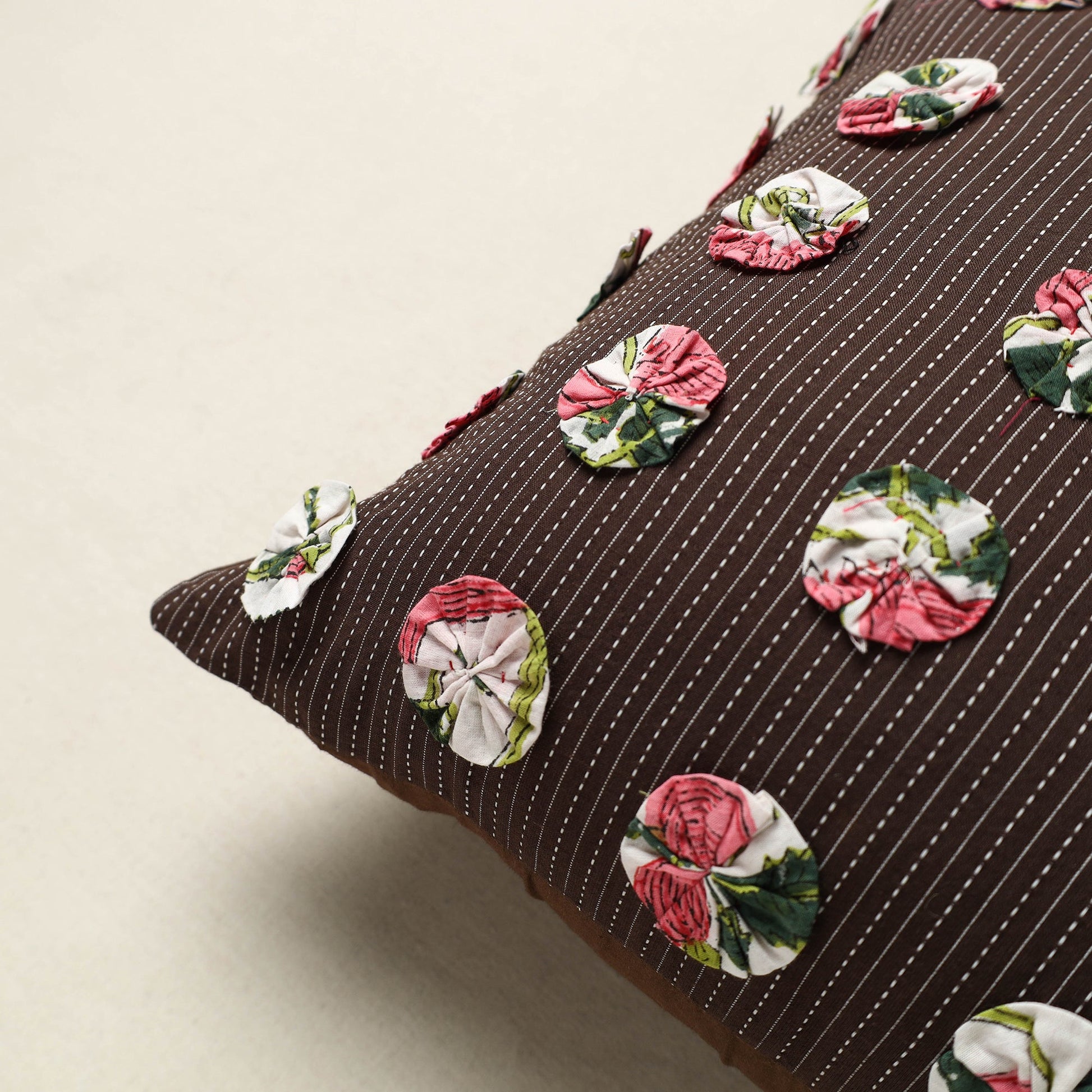 Brown - Hand Embroidered Phool Cushion Cover 10