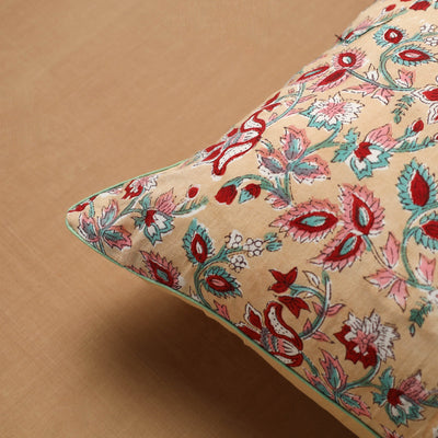 Beige - Block Print Cotton Sanganeri Cushion Cover (16 x 16 in) 06
