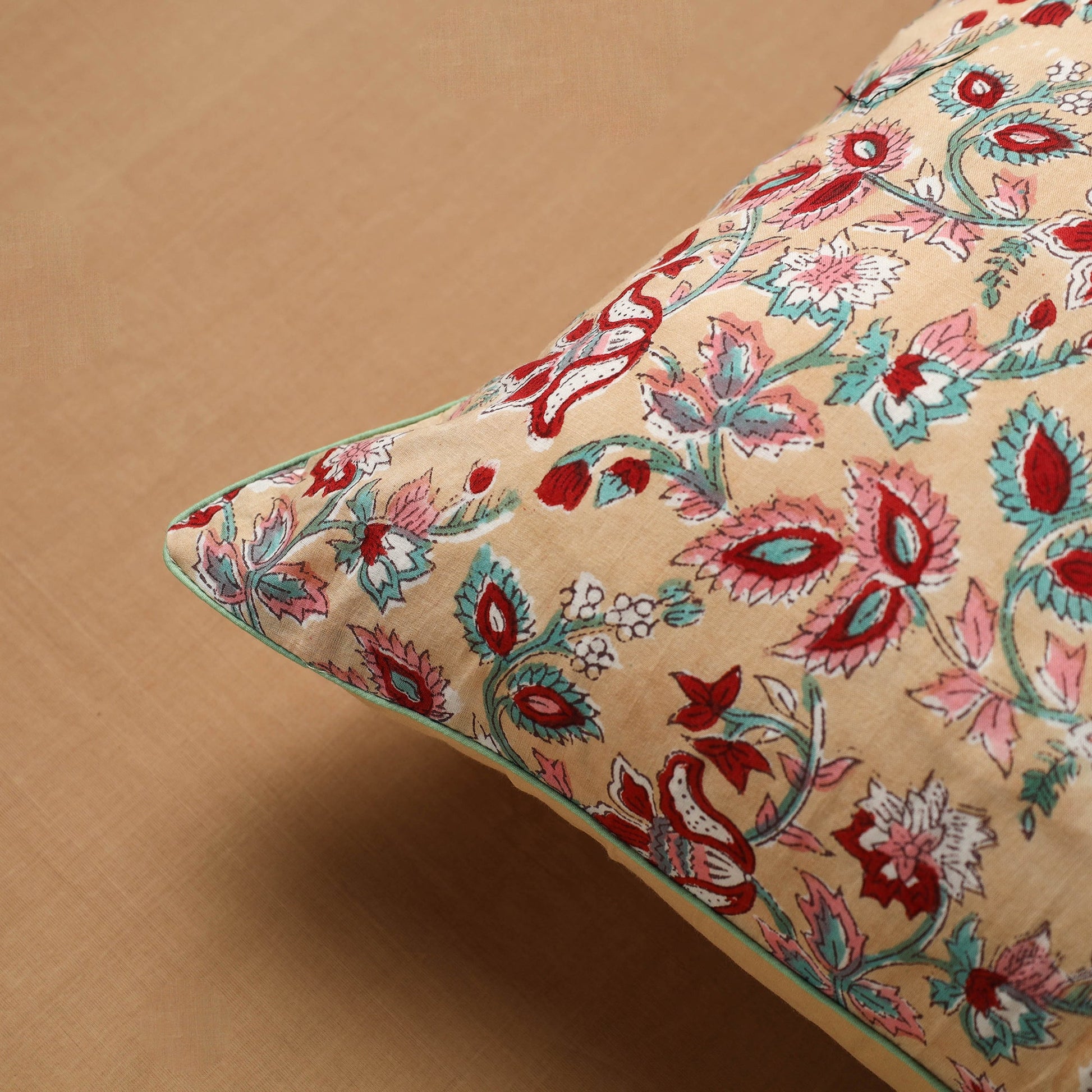 Beige - Block Print Cotton Sanganeri Cushion Cover (16 x 16 in) 06