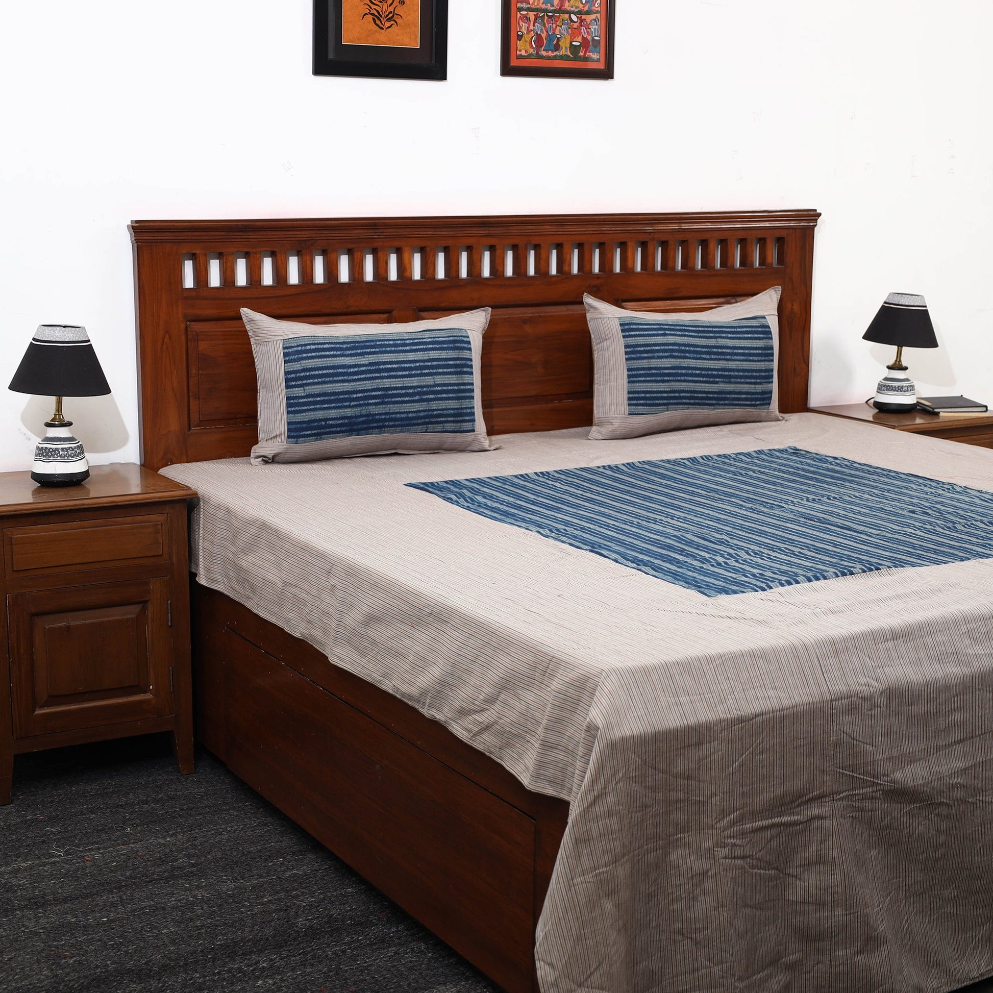 Beige - Plain Cotton Double Bed Cover with Block Print Patchwork (94 x 89 In)