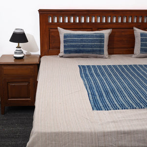 Beige - Plain Cotton Double Bed Cover with Block Print Patchwork (94 x 89 In)