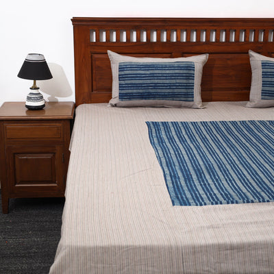 Beige - Plain Cotton Double Bed Cover with Block Print Patchwork (94 x 89 In)